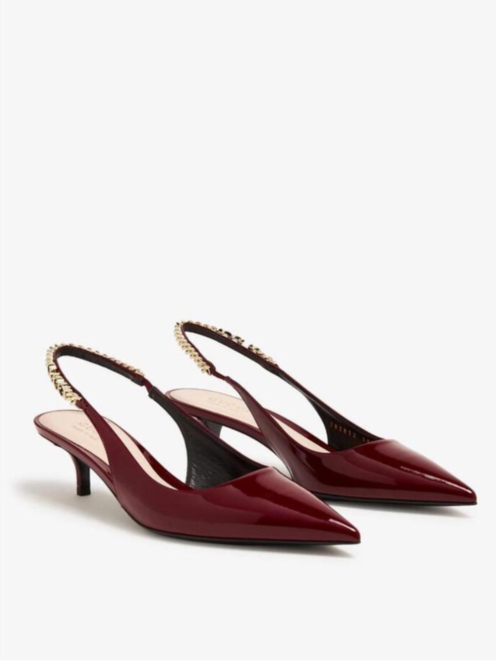 Gucci Signoria Patent Leather Vernice Nappa Burgundy Slingback Logo Gold Pump